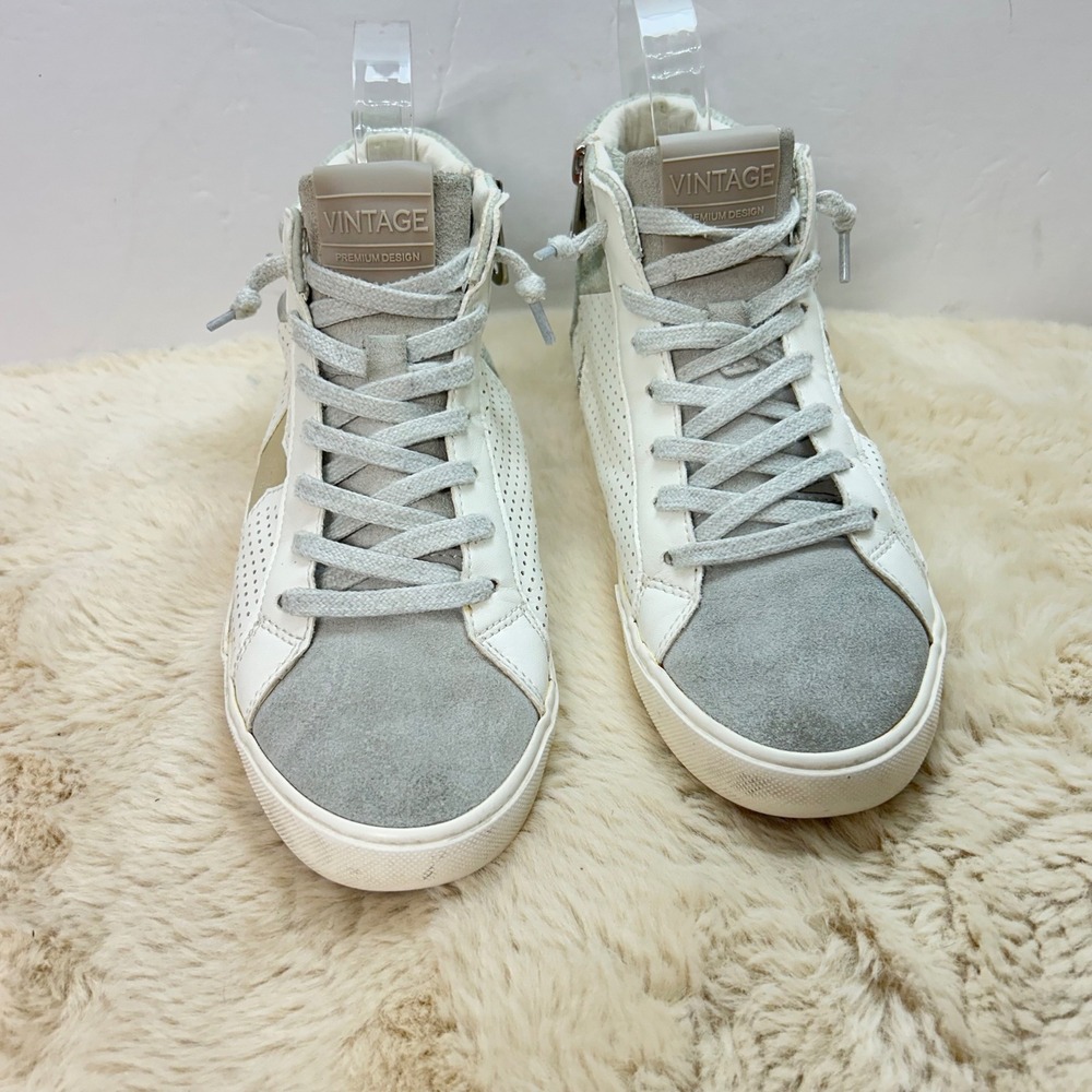 Vintage Havana Premium Design White Gray Leather High Top Sneakers Zip Up Size 6